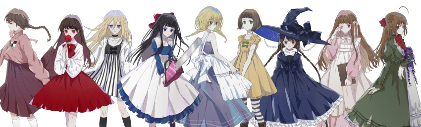6+girls, ahoge, aya_drevis, bandaid_on_arm, black_choker, black_dress, black_hat, black_legwear