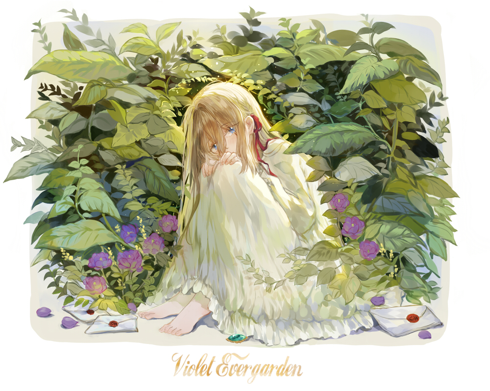 1girl, alternate_costume, alternate_hairstyle, barefoot, blue_eyes, brooch, brooch_removed, character_name