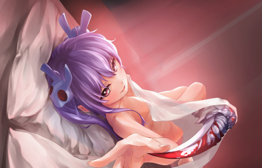 1girl, bare_shoulders, bed, bed_sheet, breasts, bunny_hair_ornament, hair_ornament, highres