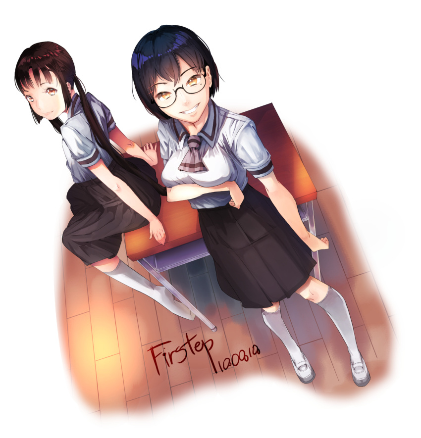 2girls, artist_name, asobi_asobase, black_hair, black_skirt, breast_hold, breasts, brown_eyes, brown_hair, desk, firstep, from_above, glasses, highres, honda_hanako, inside, kneehighs, large_breasts, long_hair, looking_at_viewer, mole, mole_under_eye, multiple_girls, nomura_kasumi, on_desk, ponytail, school_desk, school_uniform, shirt, shoes_removed, short_sleeves, sidelocks, sitting, sitting_on_desk, skirt, smile, standing, white_footwear, white_legwear, white_shirt, wooden_floor