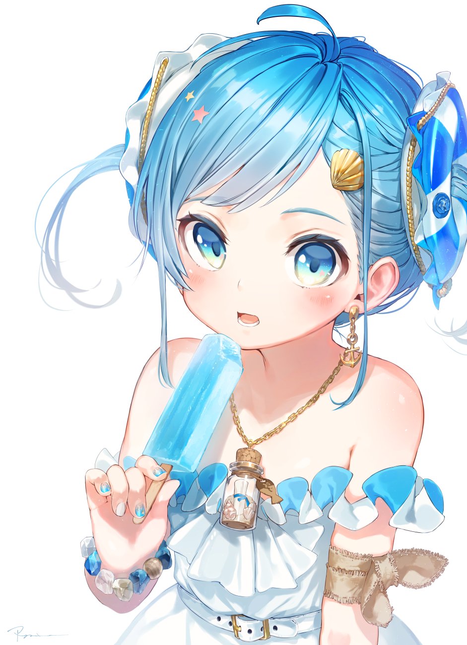 1girl, ahoge, anchor, arm_ribbon, asymmetrical_bangs, bangs, bare_shoulders, belt_buckle