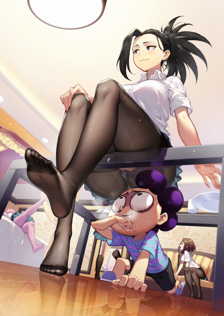 1boy, 3girls, absurdres, aqua_skirt, ashido_mina, barefoot, bed, black_eyes, black_hair, black_legwear, bloodshot_eyes, boku_no_hero_academia, boots, breasts, brown_hair, collared_shirt, couch, feet, full_body, glass_table, hagakure_tooru, half-closed_eyes, hand_up, hetero, highres, indoors, knee_boots, large_breasts, leg_up, legs, luode_huayuan, lying, mineta_minoru, multiple_girls, on_back, on_couch, panties, pantyhose, pantyshot, pervert, pillow, pink_hair, pink_skin, plate, purple_hair, reflection, saliva, saliva_trail, shirt, short_sleeves, shorts, sitting, skirt, slippers, smile, soles, striped, striped_shirt, sweatdrop, t-shirt, table, tied_hair, toes, under_table, underwear, upskirt, uraraka_ochako, wallpaper_(object), wide-eyed, wooden_floor, yaoyorozu_momo
