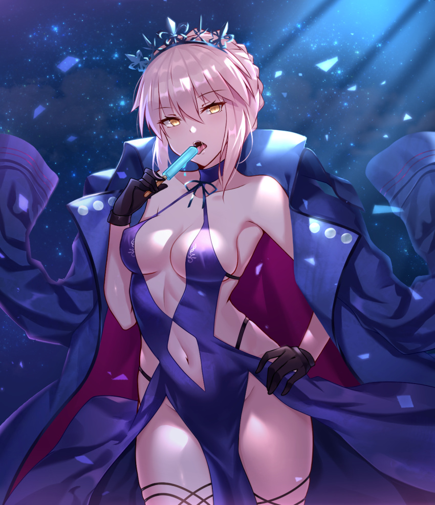 1girl, artoria_pendragon_(all), artoria_pendragon_(swimsuit_rider_alter), bangs, bare_shoulders, black_fire_(peter02713), black_gloves, blonde_hair, blue_dress, blue_jacket, braid, breasts, collarbone, dress, eating, fate/grand_order, fate_(series), food, french_braid, gloves, hair_between_eyes, halterneck, hand_on_hip, highres, hips, jacket, looking_at_viewer, medium_breasts, navel, open_clothes, open_jacket, open_mouth, popsicle, sidelocks, solo, thighs, tiara, waist, yellow_eyes
