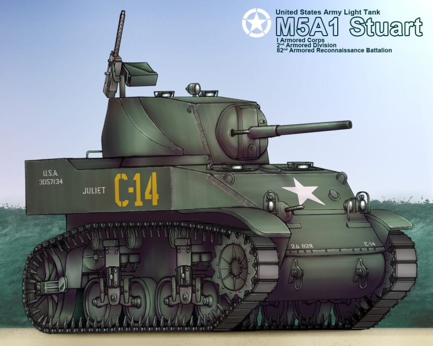 box_art, caterpillar_tracks, day, english, ground_vehicle, gun, m5_stuart, machine_gun