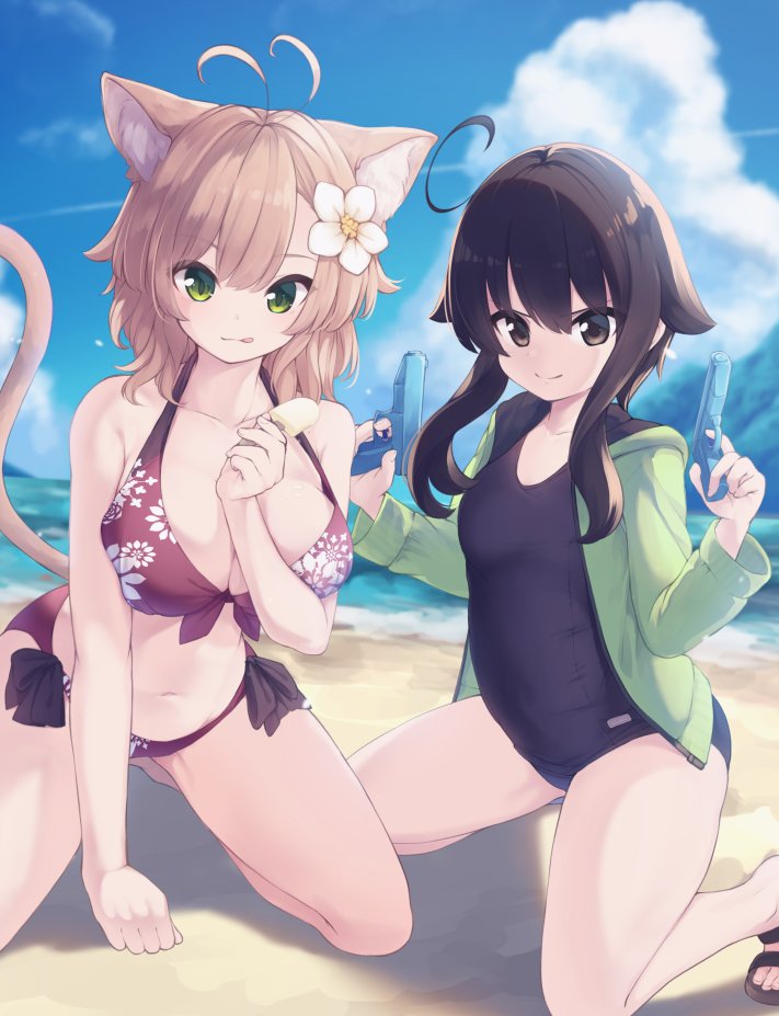 2girls, ahoge, animal_ears, antenna_hair, bangs, beach, bikini, black_sweater