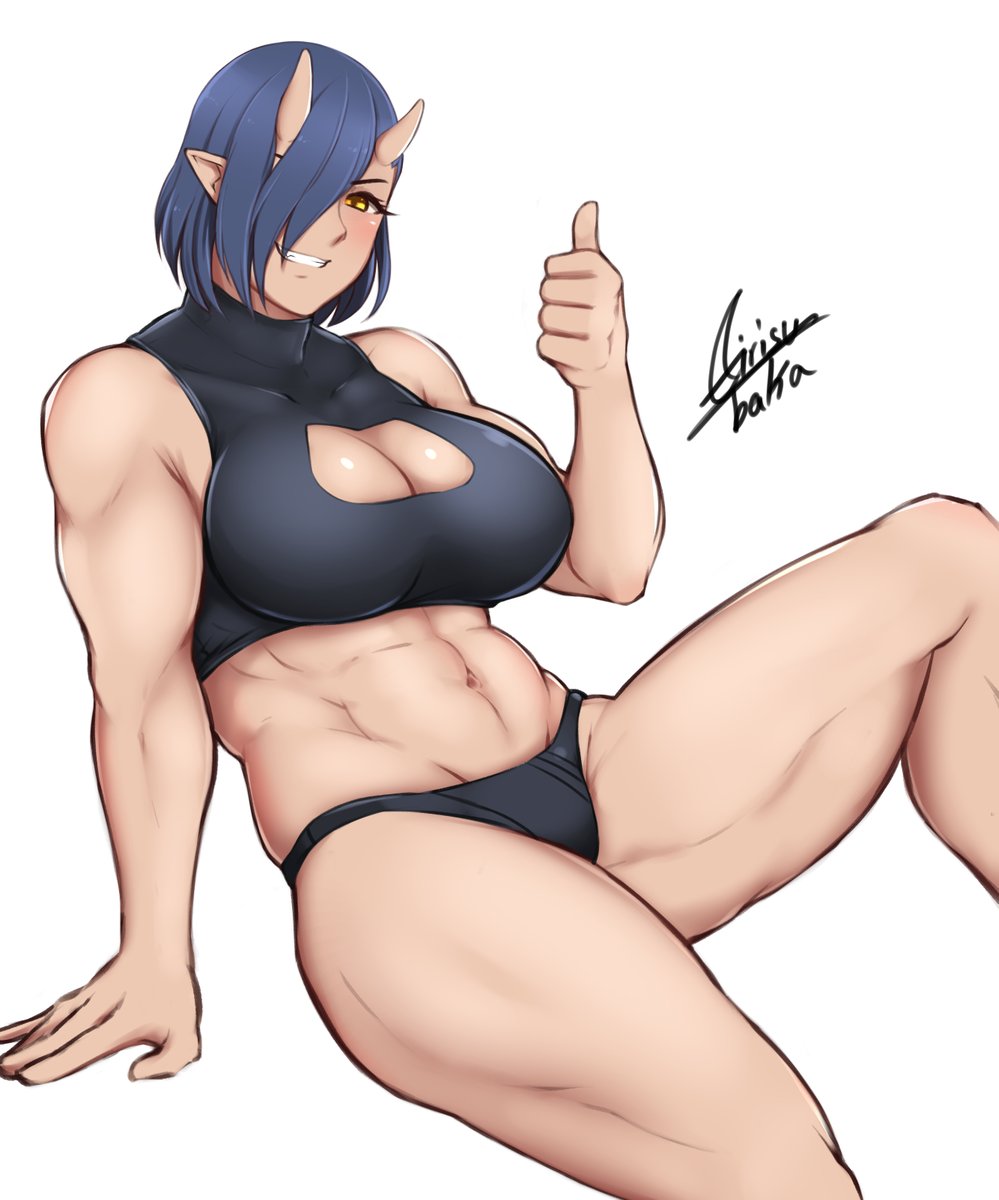 1girl, abs, airisubaka, blue_hair, breasts, cleavage, cleavage_cutout, earrings, elf-san_wa_yaserarenai., grin, hair_over_one_eye, highres, jewelry, large_breasts, looking_at_viewer, muscle, muscular_female, navel, oga-san, oni_horns, pointy_ears, short_hair, signature, simple_background, sitting, smile, solo, thumbs_up, white_background, yellow_eyes