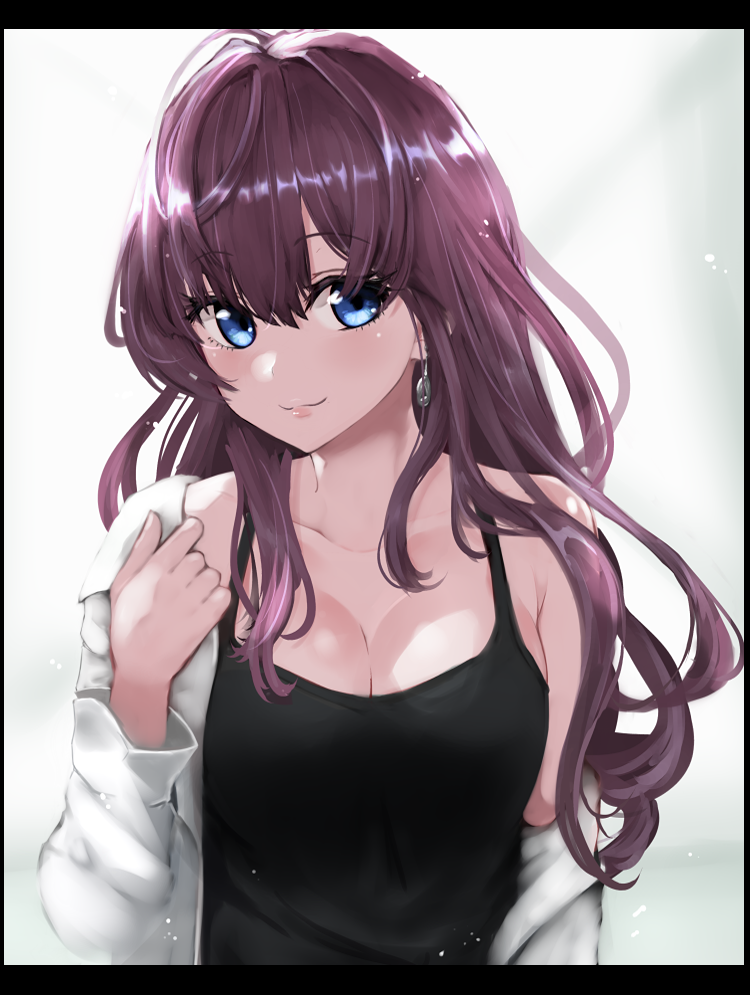 1girl, bangs, blue_eyes, blush, breasts, brown_hair, cleavage, closed_mouth, collarbone, earrings, eyebrows_visible_through_hair, hair_between_eyes, ichinose_shiki, idolmaster, idolmaster_cinderella_girls, jewelry, labcoat, large_breasts, lips, long_hair, long_sleeves, looking_at_viewer, miyako_(miyako_lplover), off_shoulder, smile, solo, tank_top, upper_body, wavy_hair