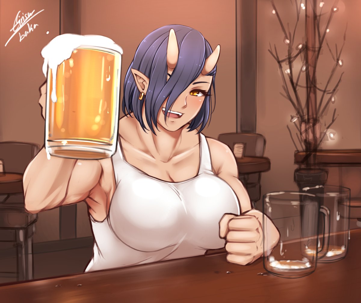 1girl, airisubaka, alcohol, artist_name, beer, blue_hair, breasts, earrings