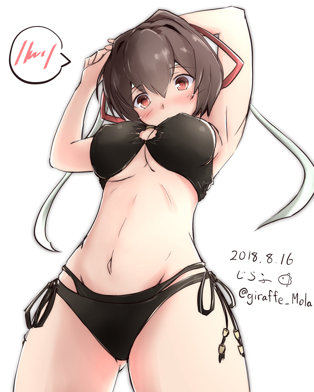 1girl, armpits, arms_up, bikini, black_bikini, blush, breasts, brown_eyes
