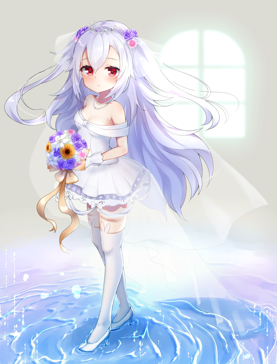 1girl, animal_band_legwear, azur_lane, bangs, bare_shoulders, blush, bouquet, bow