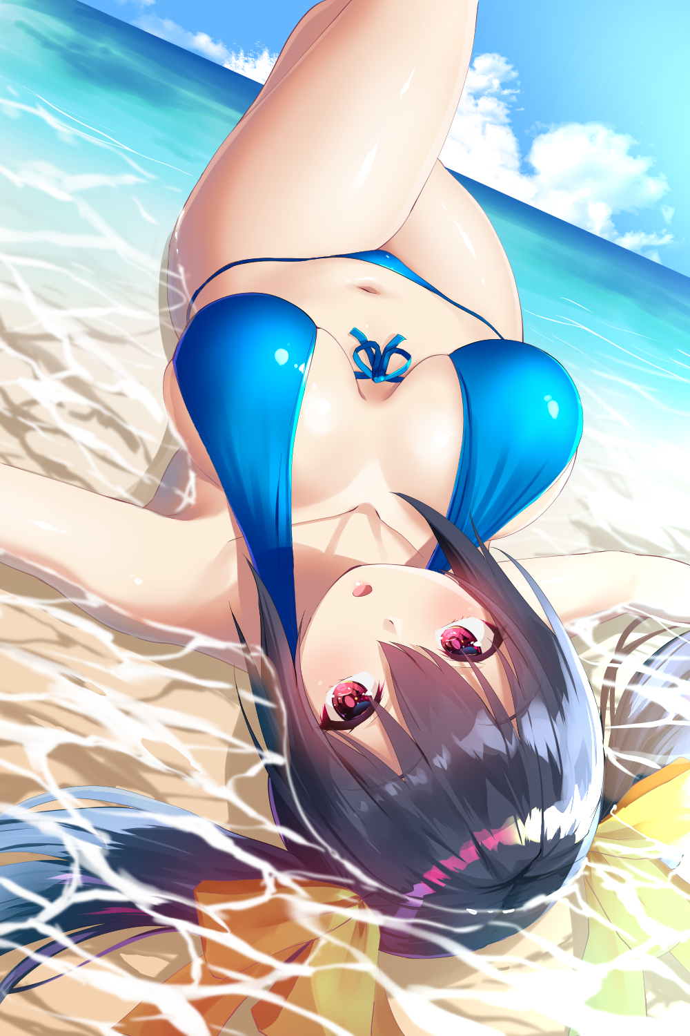 1girl, beach, bikini, black_hair, blue_bikini, breasts, breasts_apart, commentary_request