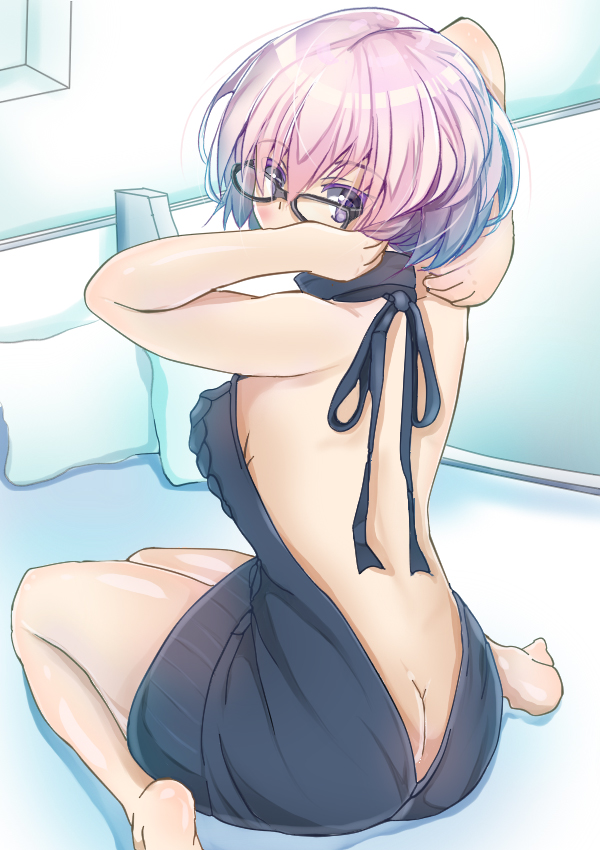 1girl, aran_sweater, arms_up, ass, backless_dress, backless_outfit, bangs, bare_back, bare_legs, bare_shoulders, barefoot, black-framed_eyewear, blush, breasts, butt_crack, commentary_request, covered_mouth, drawstring, dress, eyebrows_visible_through_hair, fate/grand_order, fate_(series), from_behind, glasses, halterneck, husimineko, indoors, looking_at_viewer, looking_back, mash_kyrielight, medium_breasts, meme_attire, naked_sweater, no_bra, no_panties, on_bed, pillow, pink_hair, revision, ribbed_sweater, short_hair, sitting, solo, sweater, sweater_dress, turtleneck, turtleneck_sweater, violet_eyes, virgin_killer_sweater, wariza