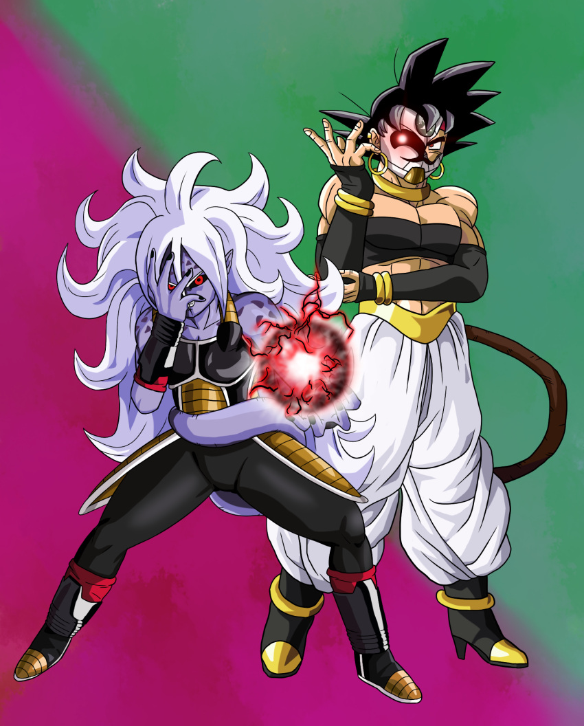 1boy, 1girl, a_silvers_1997, alternate_costume, alternate_form, android_21, bardock, biceps, black_footwear, black_hair, black_nails, black_sclera, black_tubetop, boots, broken_mask, commentary, cosplay, costume_switch, crossdressinging, curly_hair, detached_sleeves, dragon_ball, dragon_ball_fighterz, dragon_ball_xenoverse, dragon_ball_z_dokkan_battle, earrings, energy_ball, english_commentary, full_body, glowing, green_background, hair_between_eyes, hand_on_own_elbow, hand_over_face, harem_pants, high_heels, highres, hoop_earrings, jewelry, lavender_hair, long_hair, majin_android_21, mask, masked_saiyan, meme, multicolored, multicolored_background, nail_polish, neck_ring, pants, pointy_ears, pose, purple_background, purple_skin, red_eyes, saiyan, short_hair, spiky_hair, standing, strapless, tail, tubetop, wrist_cuffs, wrist_guards