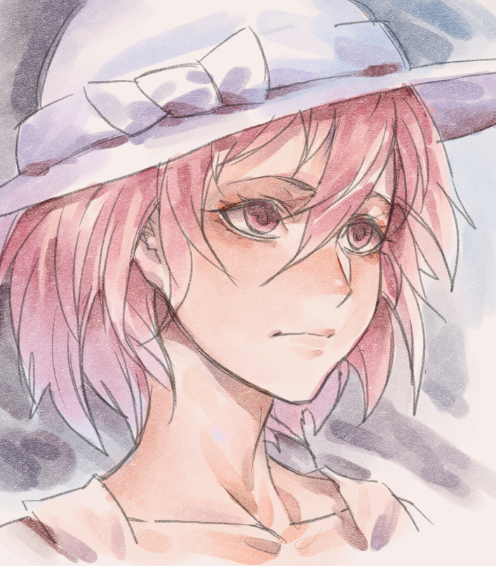 1girl, bow, closed_mouth, dress, hair_between_eyes, hat, hat_bow, looking_away