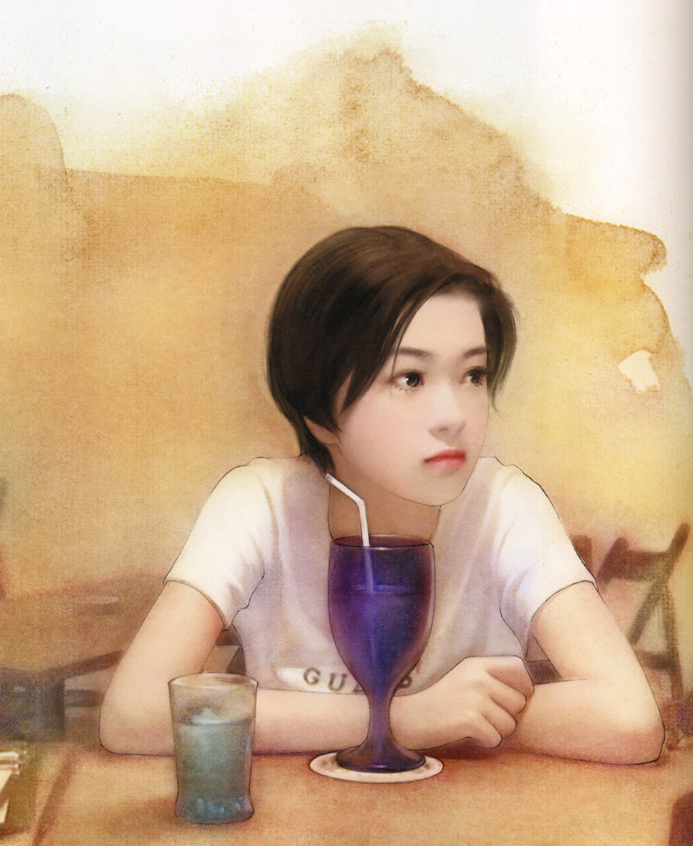 brown_hair, chen_shu_fen, cup, drink, glass, highres, realistic, short_hair, straw