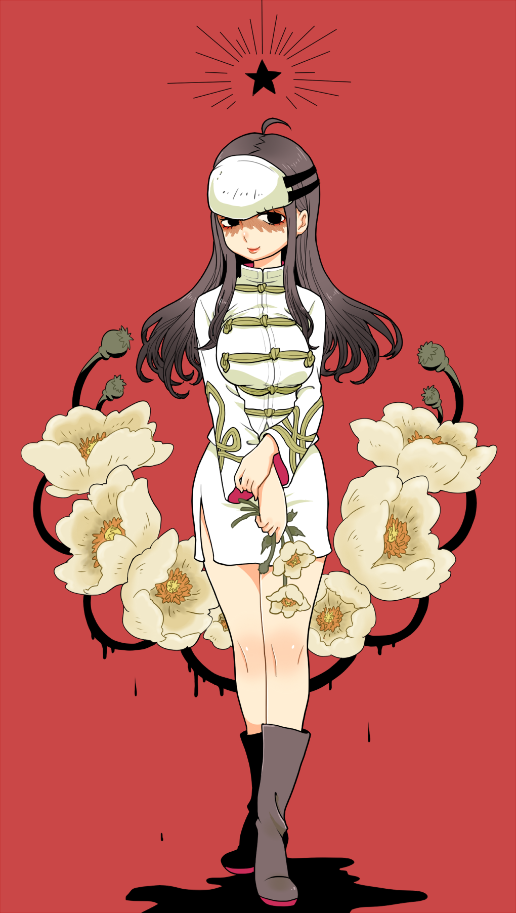 1girl, ahoge, black_eyes, black_hair, boots, breasts, dress, flower