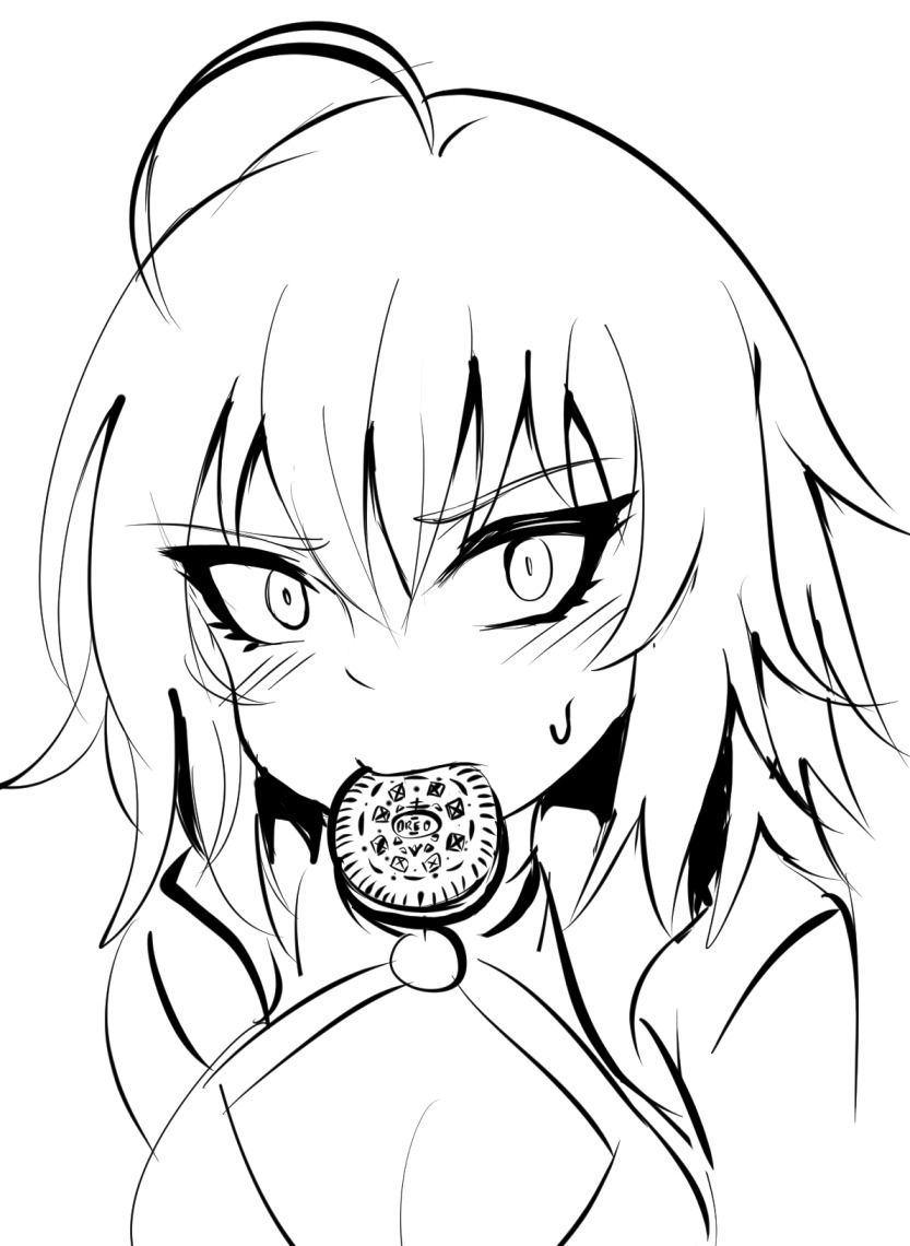 1girl, ahoge, blush, breasts, cleavage, commentary, cookie, cowfee