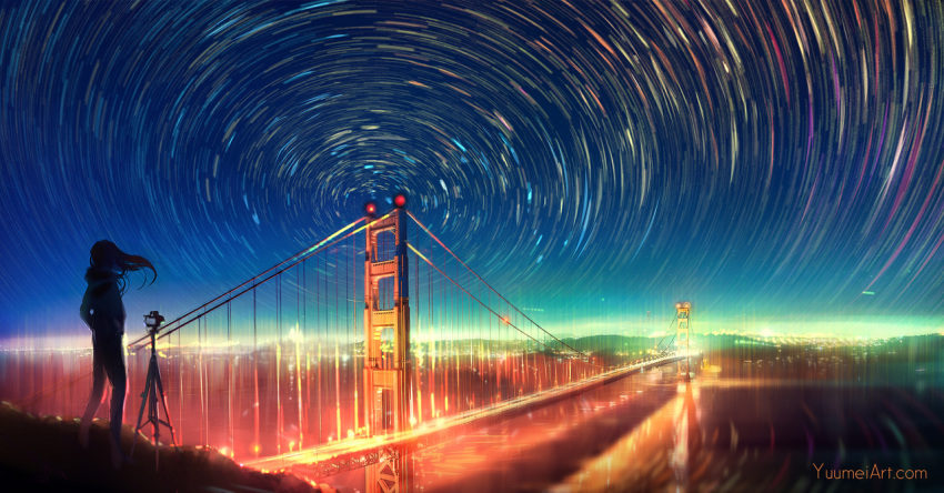 1girl, bridge, camera, city_lights, facing_away, floating_hair, from_behind, golden_gate_bridge