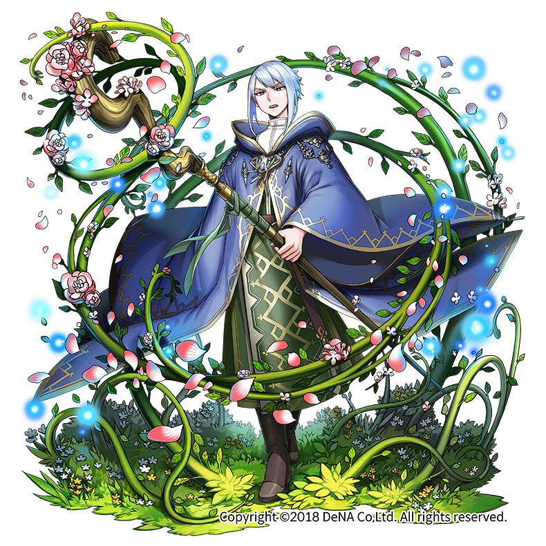 androgynous, bangs, blue_cloak, brown_footwear, cloak, flower, grass, holding