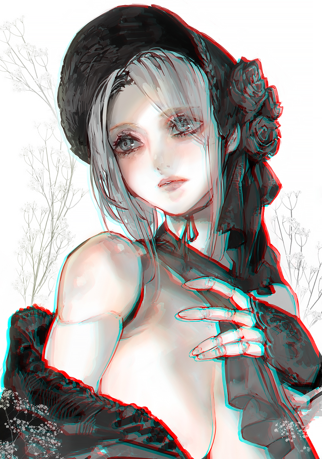 1girl, aoin, black_flower, black_rose, bloodborne, blush, bonnet, breasts, chromatic_aberration, cleavage, commentary_request, doll_joints, flower, grey_eyes, grey_hair, hat_rose, highres, large_breasts, off_shoulder, parted_lips, pink_lips, plain_doll, rose, solo, upper_body