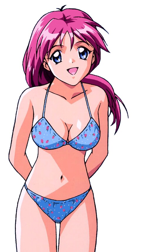 bent_over, blue_bikini, blue_eyes, konami, long_hair, pink_hair, shirayuki_maho, swimsuit