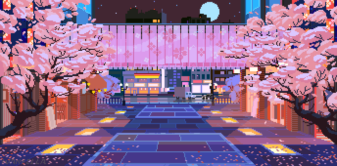 animated, animated_gif, bus, car, cherry_blossoms, city, full_moon, ground_vehicle