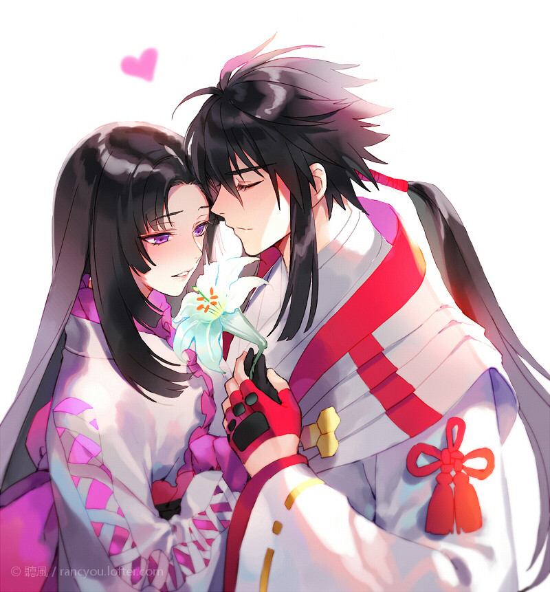 1boy, 1girl, ahoge, azai_nagamasa_(sengoku_basara), black_hair, blush, closed_eyes, commentary_request