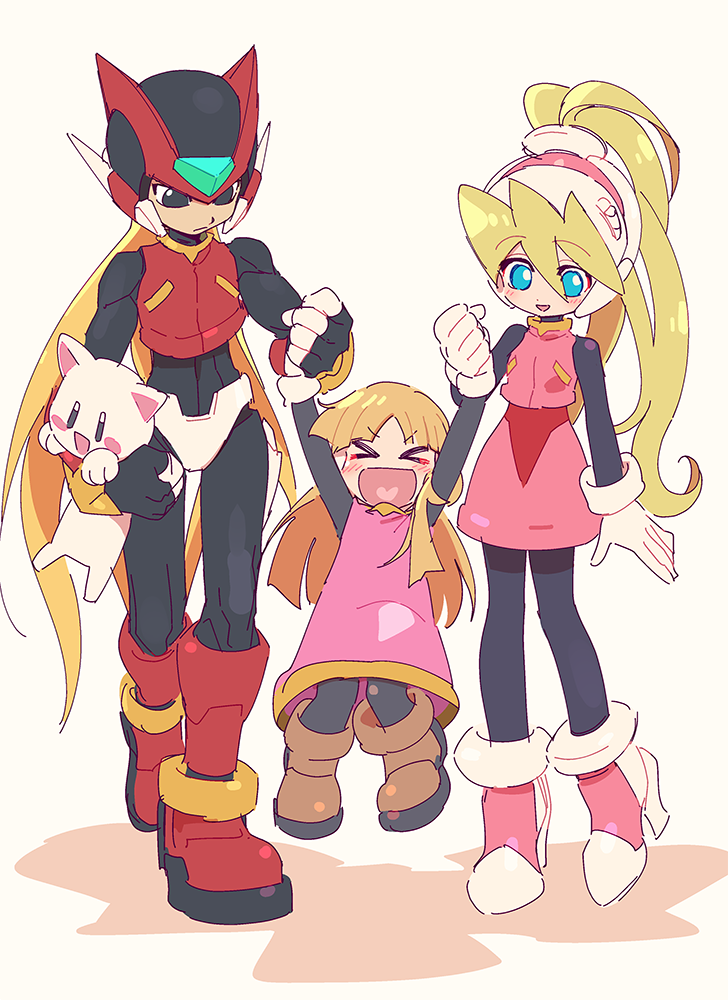 >_<, 1boy, 2girls, alouette_(rockman_zero), android, bangs, black_eyes, blonde_hair