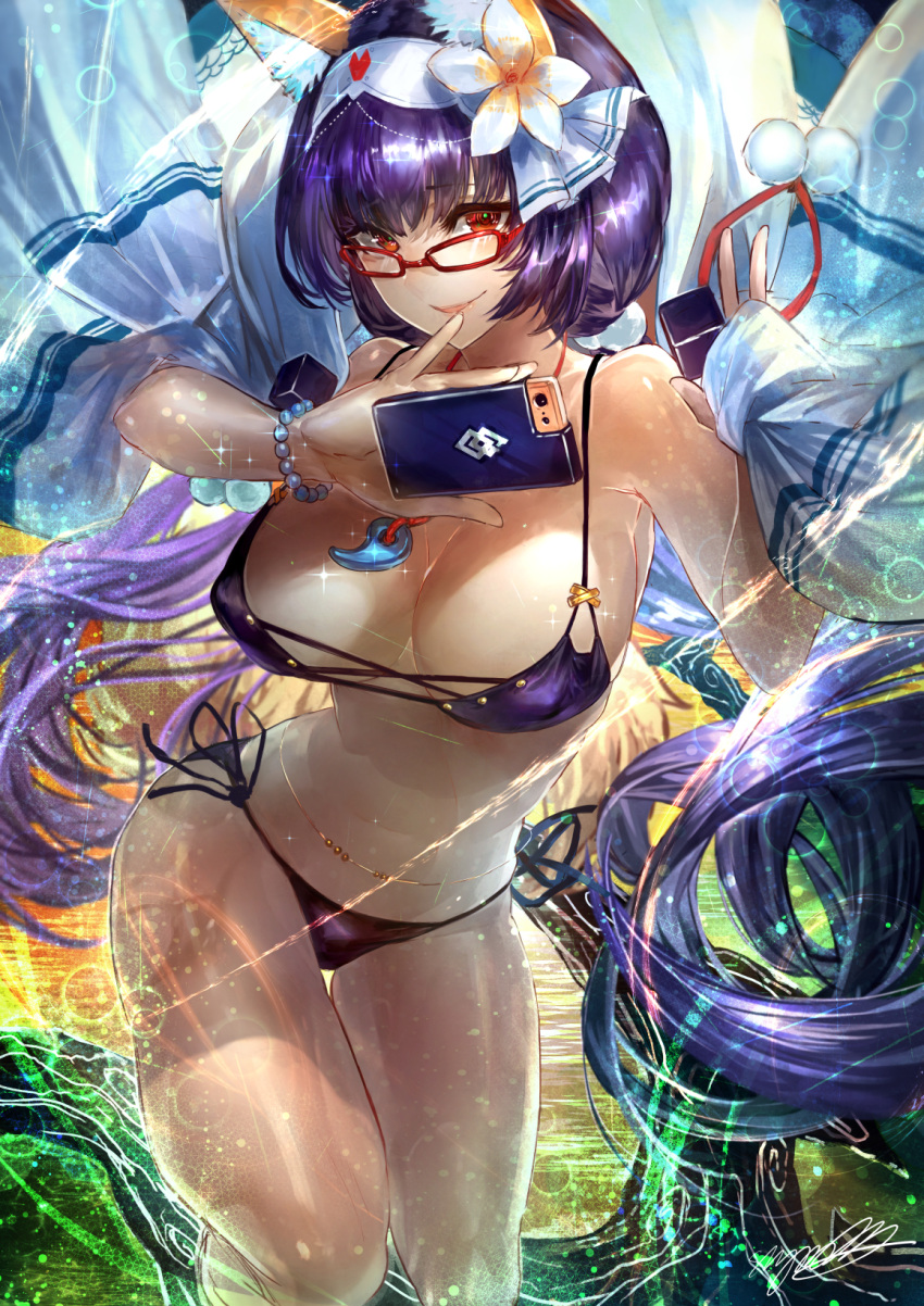 1girl, alternate_hair_color, animal_ear_fluff, animal_ears, bikini, black_bikini, branch, breasts, cellphone, cleavage, cloak, commentary_request, fate/grand_order, fate_(series), flower, fox_ears, fox_tail, glasses, hair_flower, hair_ornament, highres, hood, hood_down, hooded_cloak, lady_foxy, large_breasts, long_hair, looking_at_viewer, low_twintails, magatama_necklace, osakabe-hime_(fate/grand_order), phone, purple_hair, rectangular_eyewear, red-framed_eyewear, red_eyes, side-tie_bikini, signo_aaa, smartphone, smile, solo, swimsuit, tail, twintails, very_long_hair, white_cloak