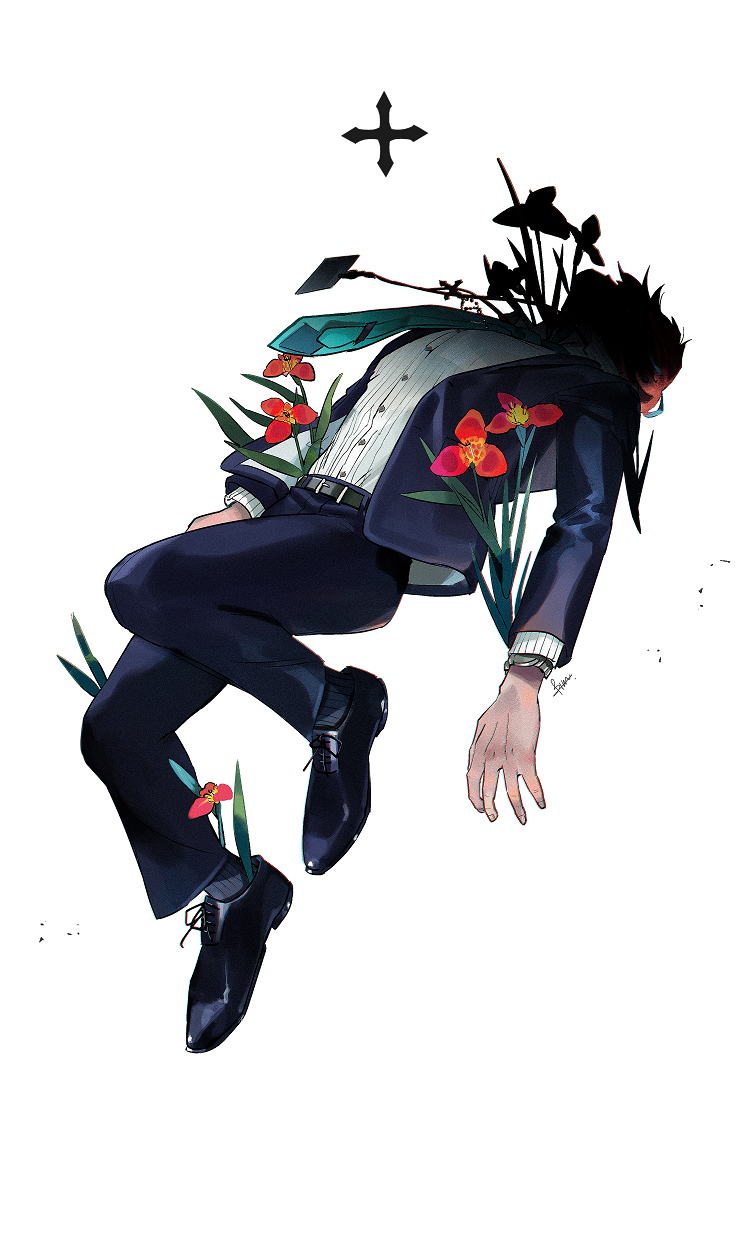 1boy, batsumura_aiko, belt, business_suit, collared_shirt, cross, faceless, floating