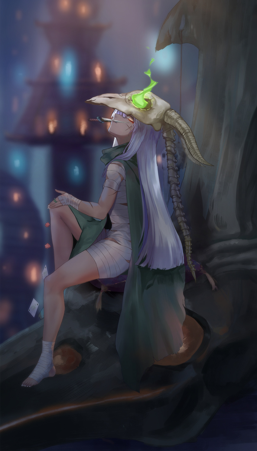 1girl, absurdres, bandage, bandaged_hands, bandages, blurry, blurry_background, cape, card, dice, facial_scar, green_cape, highres, indoors, jewelry, knife, long_hair, looking_at_viewer, mouth_hold, playing_card, ring, scar, shuiping_anding_mian, sitting, skull_helmet, slay_the_spire, solo, the_silent, very_long_hair, white_hair, yellow_eyes