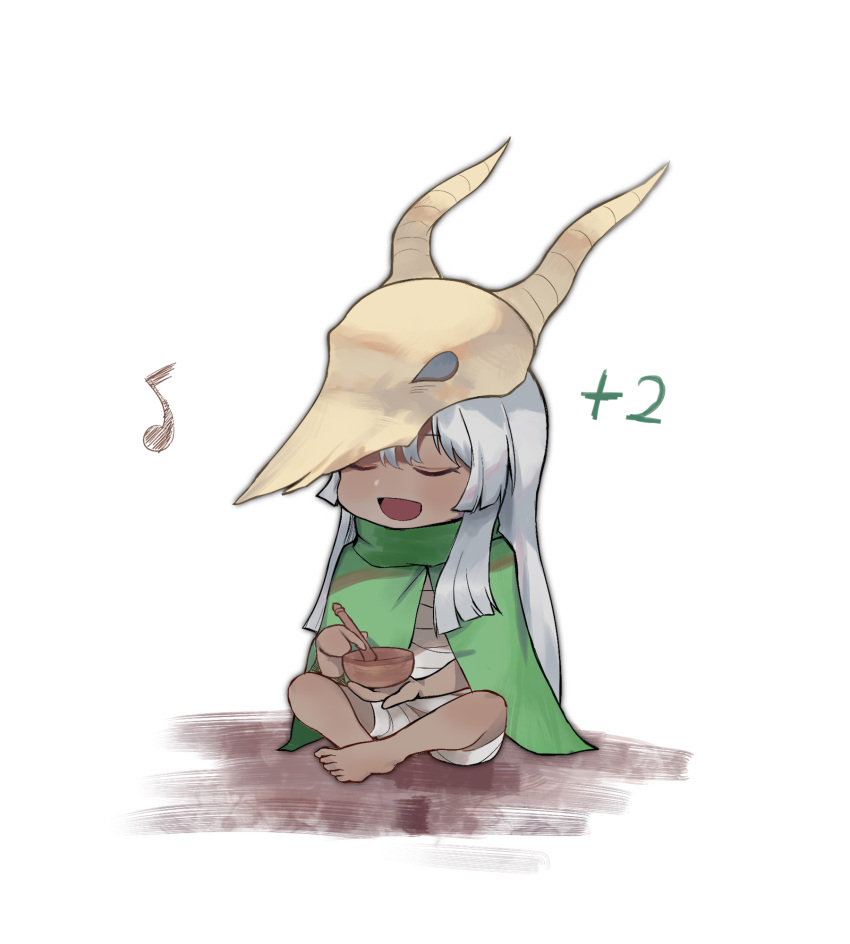 1girl, bandage, barefoot, bowl, cape, chibi, closed_eyes, dark_skin