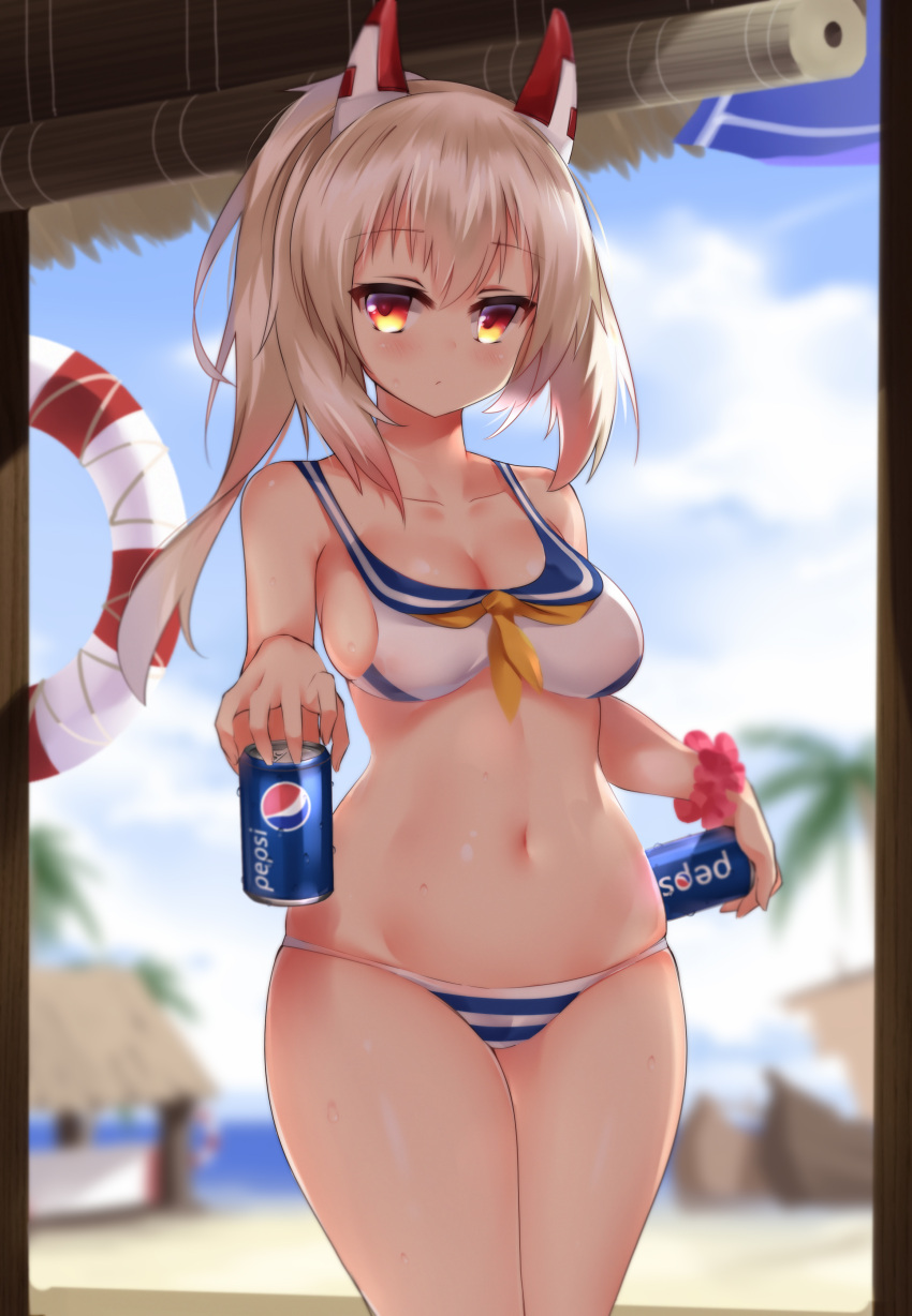 1girl, absurdres, ayanami_(azur_lane), azur_lane, bangs, bikini, blue_sky, blurry