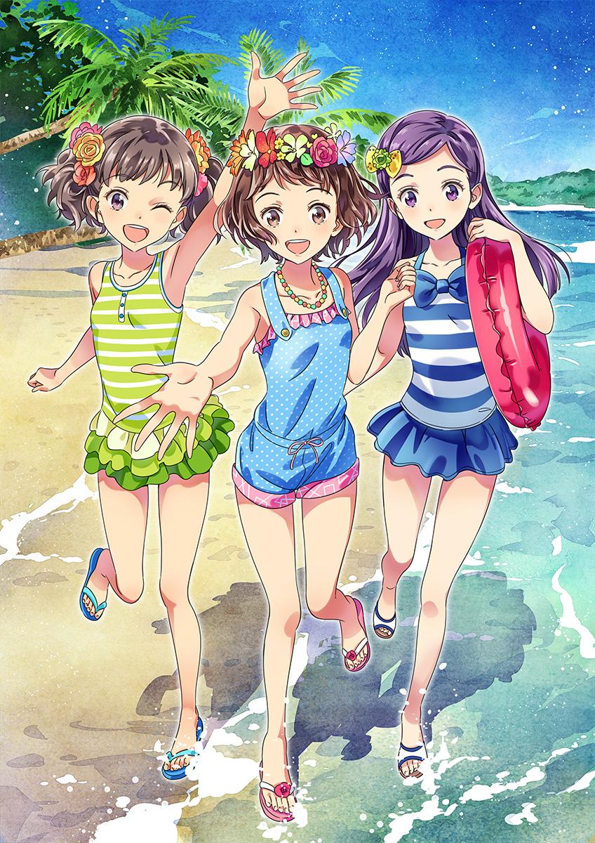 3girls, :d, ;d, arm_up, bangs, bare_shoulders, beach, breasts, brown_hair, eyebrows_visible_through_hair, flower, full_body, hair_flower, hair_ornament, hair_ribbon, highres, jewelry, katou_akatsuki, light_brown_hair, long_hair, looking_at_viewer, multiple_girls, necklace, one-piece_swimsuit, one_eye_closed, open_mouth, palm_tree, purple_hair, ribbon, sandals, shinken-zemi, short_hair, small_breasts, smile, striped, striped_swimsuit, swept_bangs, swimsuit, tree, two_side_up, violet_eyes
