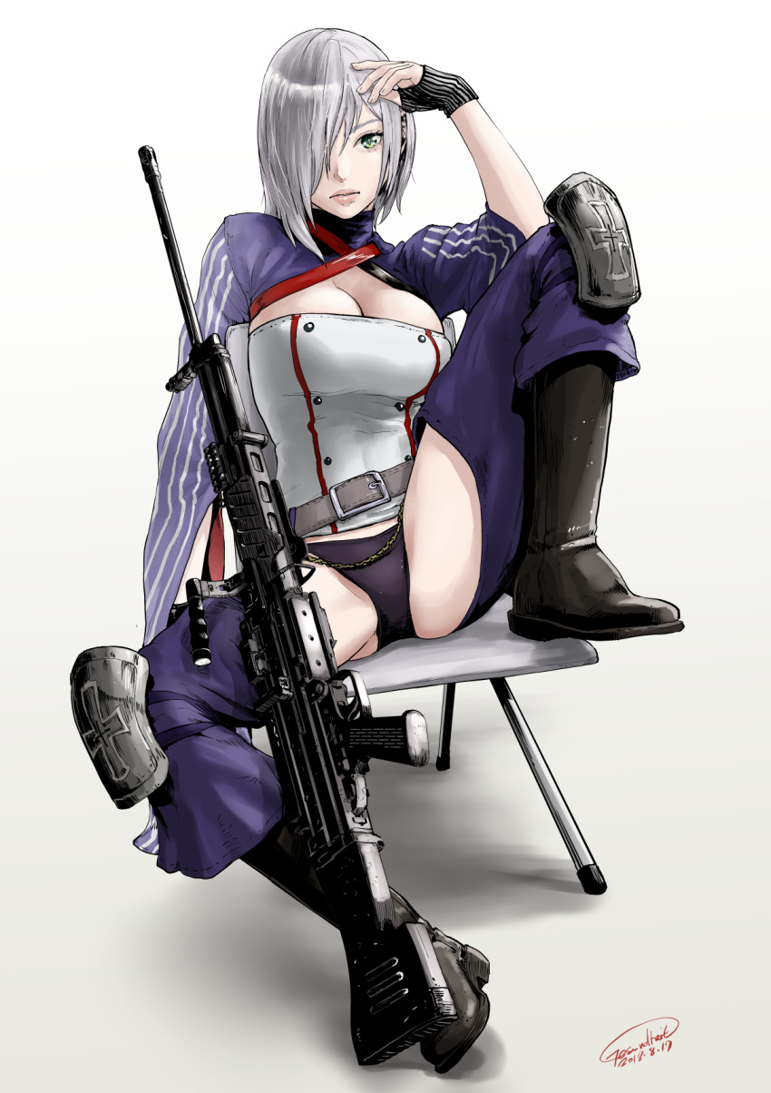 1girl, boots, breasts, chair, cleavage, fingerless_gloves, gesundheit_(artist), girls_frontline, gloves, green_eyes, hair_over_one_eye, highres, knee_pads, lips, mg5, mg5_(girls_frontline), signature, silver_hair, sittig, solo, spread_legs, weapon, white_background