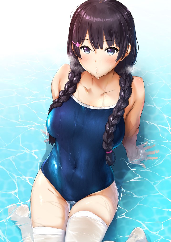 1girl, bangs, bare_arms, bare_shoulders, black_hair, blue_eyes, blush, braid, breasts, collarbone, commentary, competition_school_swimsuit, covered_navel, eyebrows_visible_through_hair, hair_ornament, hairclip, in_water, large_breasts, leaning_back, lips, looking_at_viewer, navel, nijisanji, no_shoes, one-piece_swimsuit, partially_submerged, pija_(pianiishimo), shallow_water, sitting, solo, steaming_body, swimsuit, thigh-highs, tsukino_mito, twin_braids, wariza, water, wet, wet_thighhighs, white_legwear