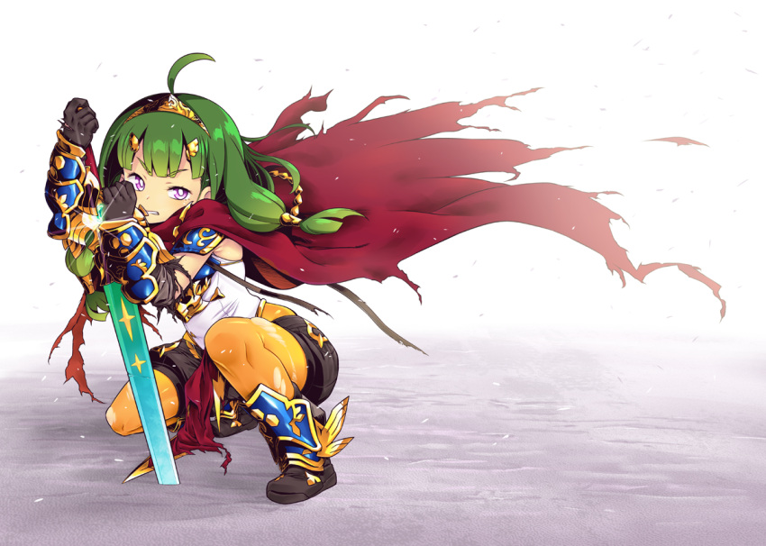 1girl, ahoge, black_gloves, cape, eyebrows_visible_through_hair, gloves, green_hair, hair_ornament, hair_tubes, hairclip, hero_(sekaiju), holding, holding_sword, holding_weapon, long_hair, minami_juujisei, orange_legwear, pantyhose, parted_lips, red_cape, sekaiju_no_meikyuu, sekaiju_no_meikyuu_x, shorts, solo, sword, tiara, torn_clothes, v-shaped_eyebrows, violet_eyes, weapon