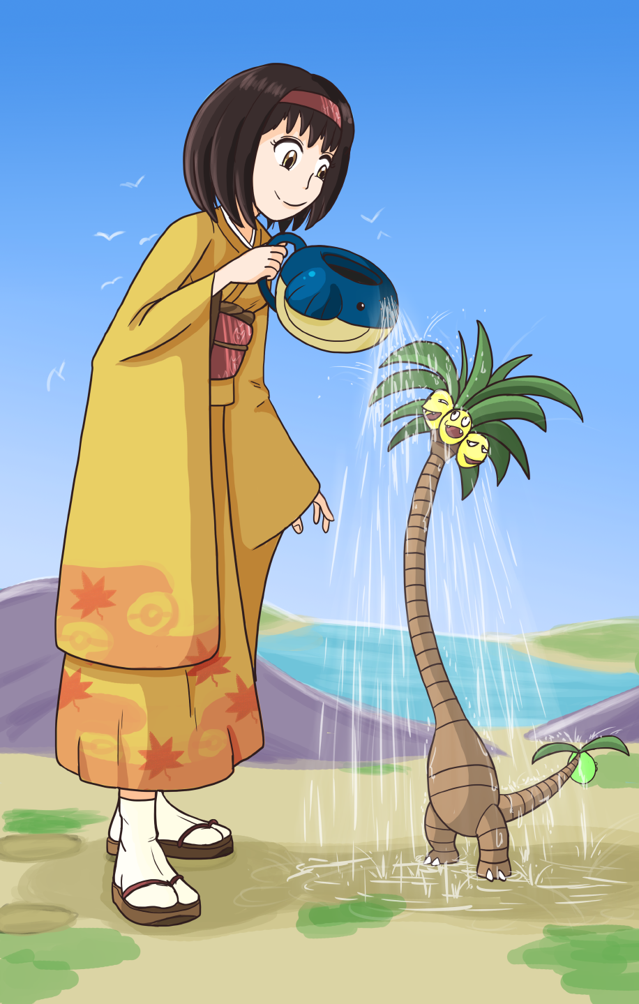 1girl, alolan_exeggutor, alolan_form, bird, black_hair, blue_sky, brown_eyes, creatures_(company)