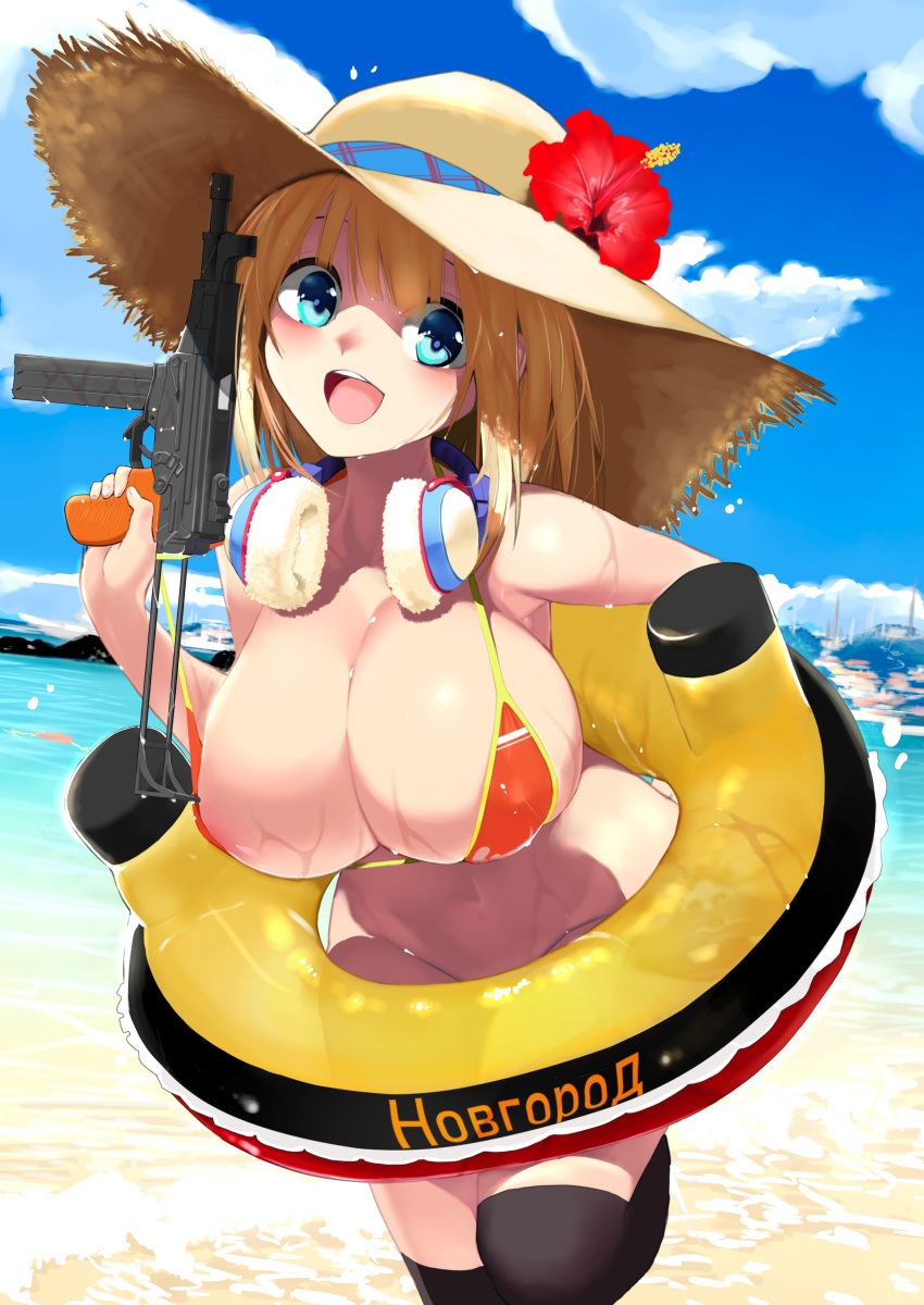 1girl, absurdres, beach, bikini, black_legwear, blonde_hair, blue_eyes, blush