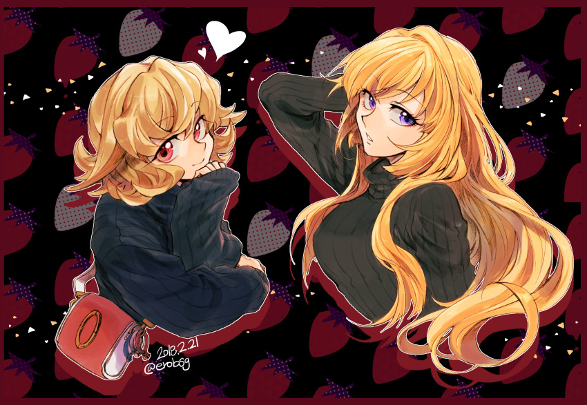 2girls, 302, atra_mixta, bag, blonde_hair, border, breasts, chin_rest