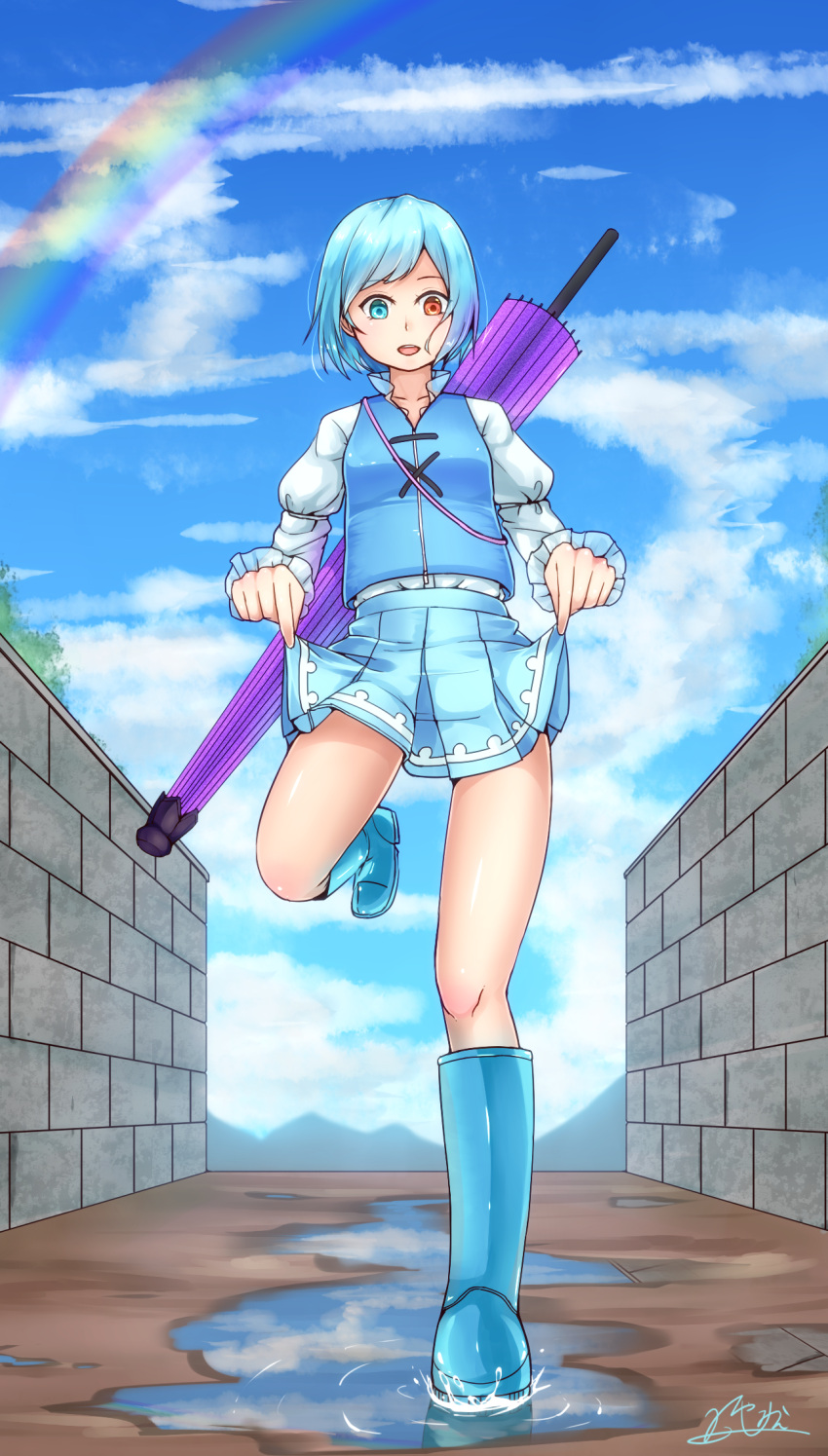 1girl, alternate_footwear, bare_legs, blue_footwear, blue_hair, blue_sky, blue_vest, boots
