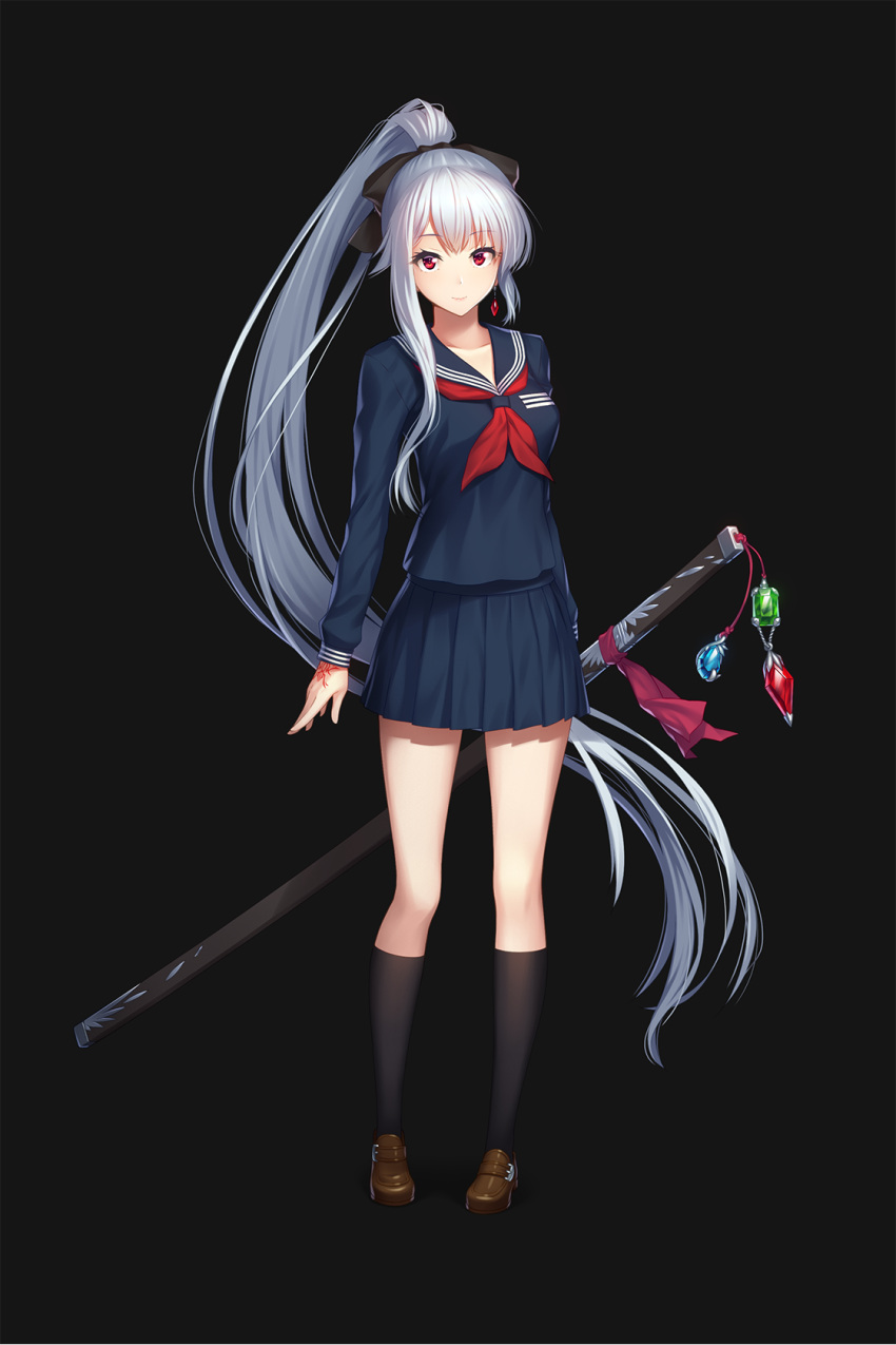 1girl, athrun1120, bangs, black_background, black_bow, black_legwear, black_skirt, bow