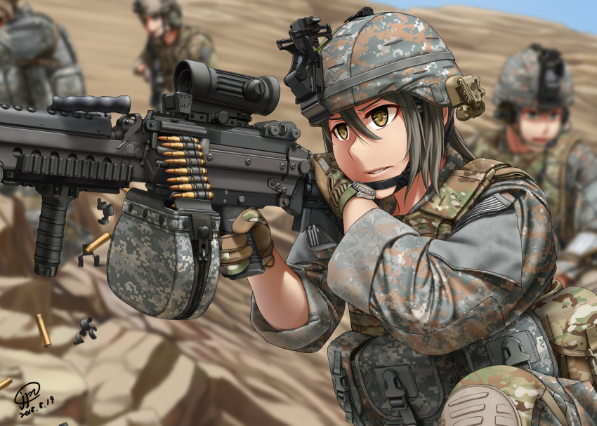 aiming, ammunition_belt, ammunition_pouch, artist_name, body_armor, brown_eyes, camouflage, casing_ejection