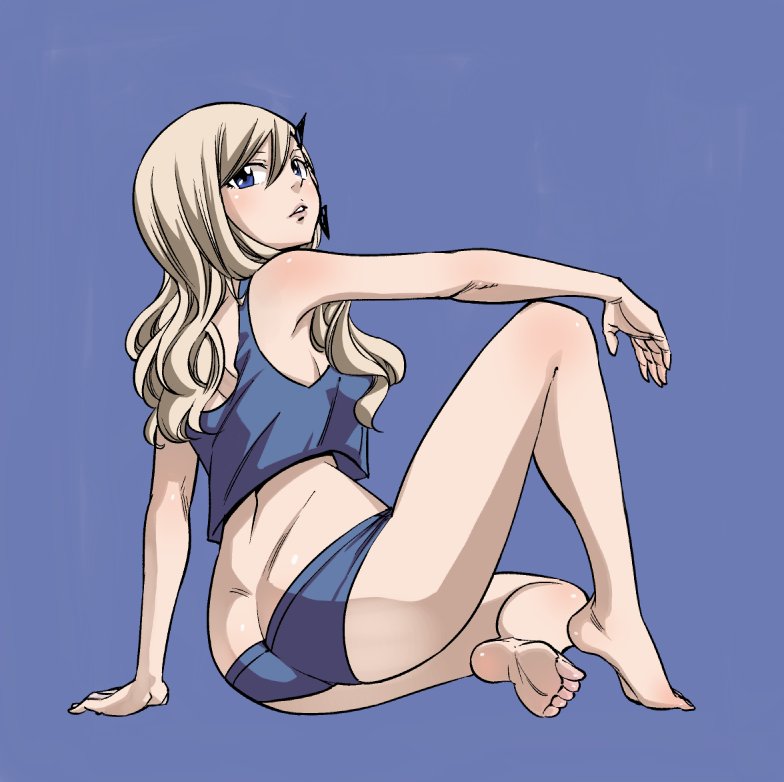 1girl, arm_support, ass, barefoot, blonde_hair, blue_background, blue_eyes, blue_panties, blue_shirt, breasts, crop_top, eden's_zero, from_behind, full_body, hair_between_eyes, long_hair, mashima_hiro, medium_breasts, official_art, panties, parted_lips, rebecca_(eden's_zero), shirt, sideboob, simple_background, sitting, sketch, sleeveless, sleeveless_shirt, solo, underwear