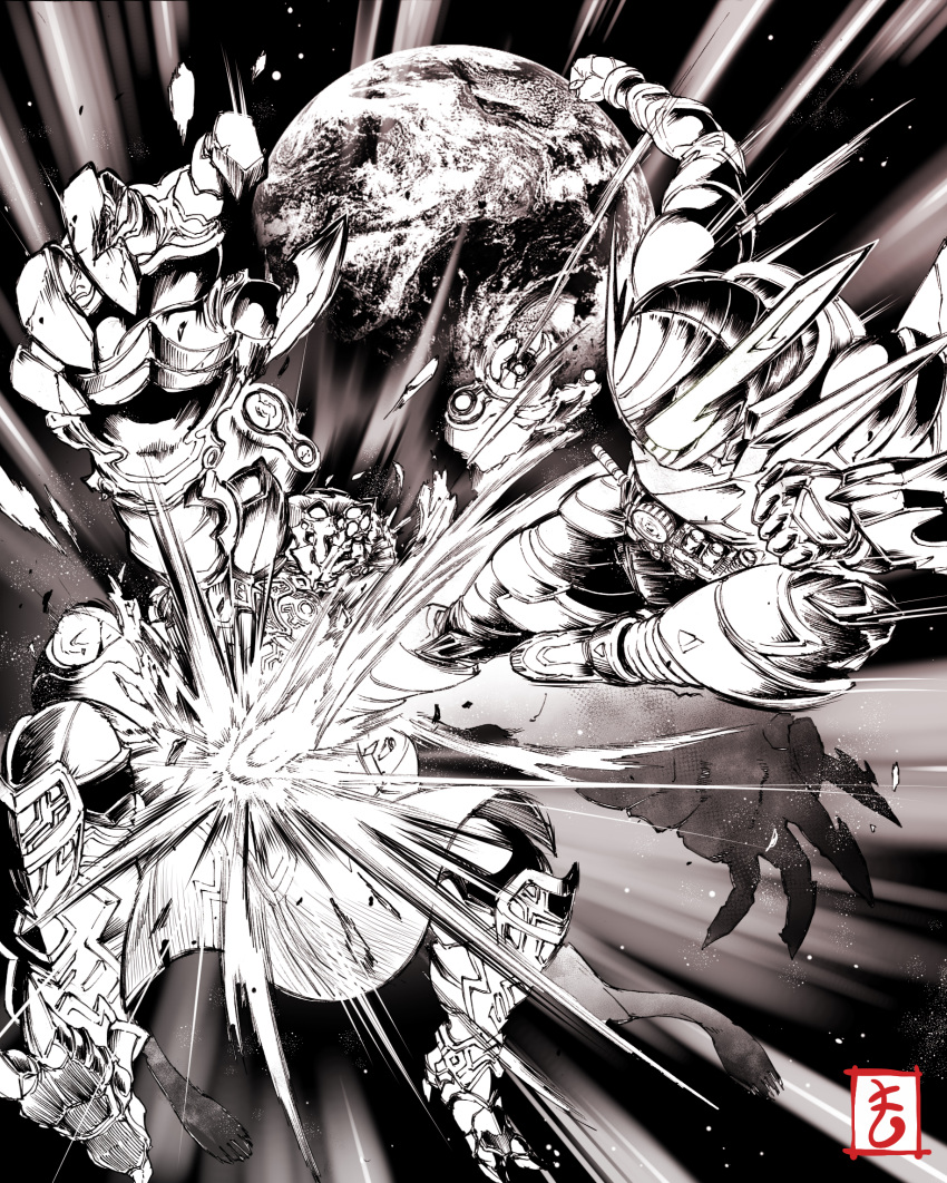 1boy, damaged, earth, fighting, highres, kamen_rider, kamen_rider_build, kamen_rider_build_(series), kamen_rider_evol, kicking, matutoya, monochrome, monster, rider_belt, rider_kick, signature, space, traditional_media