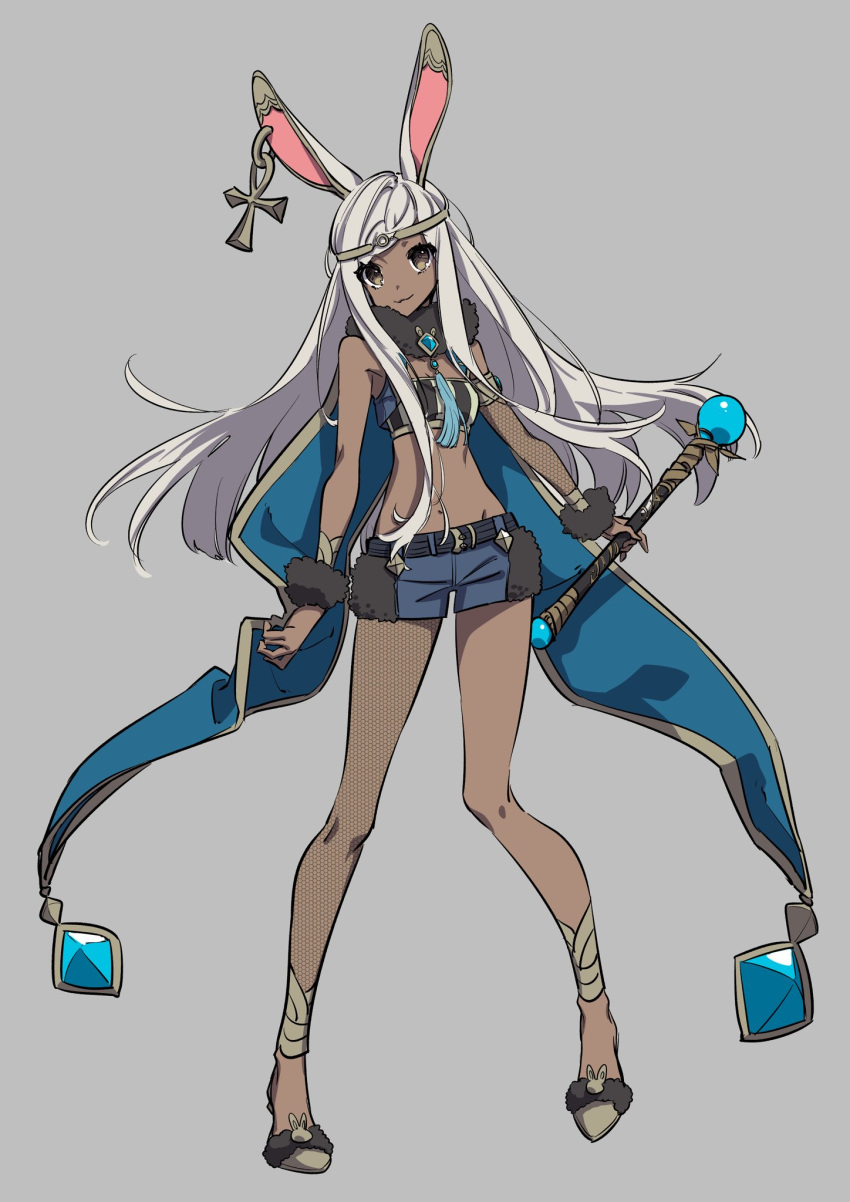1girl, :3, animal_ears, ankh, bare_shoulders, brown_eyes, cape, circlet, closed_mouth, commentary_request, ear_piercing, fishnet_pantyhose, fishnets, full_body, fur_trim, grey_background, highres, holding, long_hair, looking_at_viewer, navel, original, pantyhose, piercing, rabbit_ears, short_shorts, shorts, simple_background, single_pantyhose, slippers, smile, solo, standing, strapless, tubetop, wand, westxost_(68monkey), white_hair