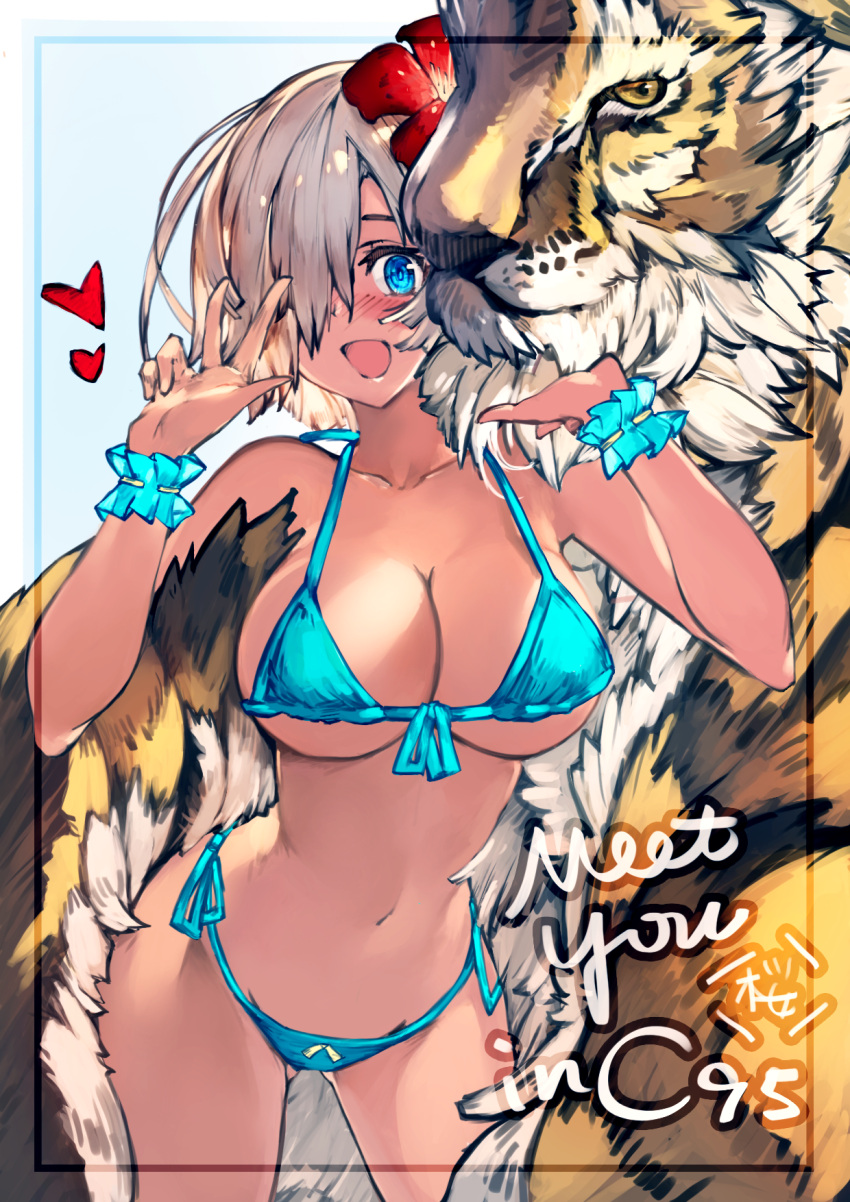 1girl, bikini, blue_background, blue_bikini, blue_eyes, breasts, cleavage, comiket_95