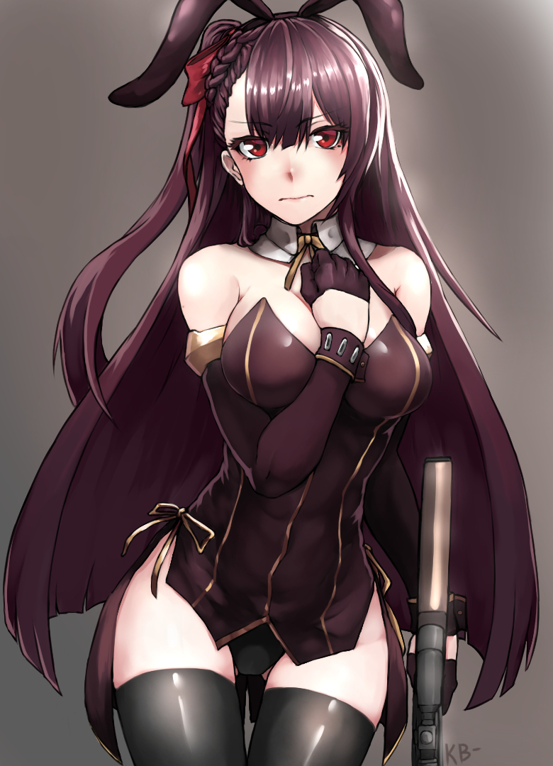 1girl, animal_ears, ass_visible_through_thighs, bangs, bare_shoulders, between_breasts, black_gloves, black_legwear