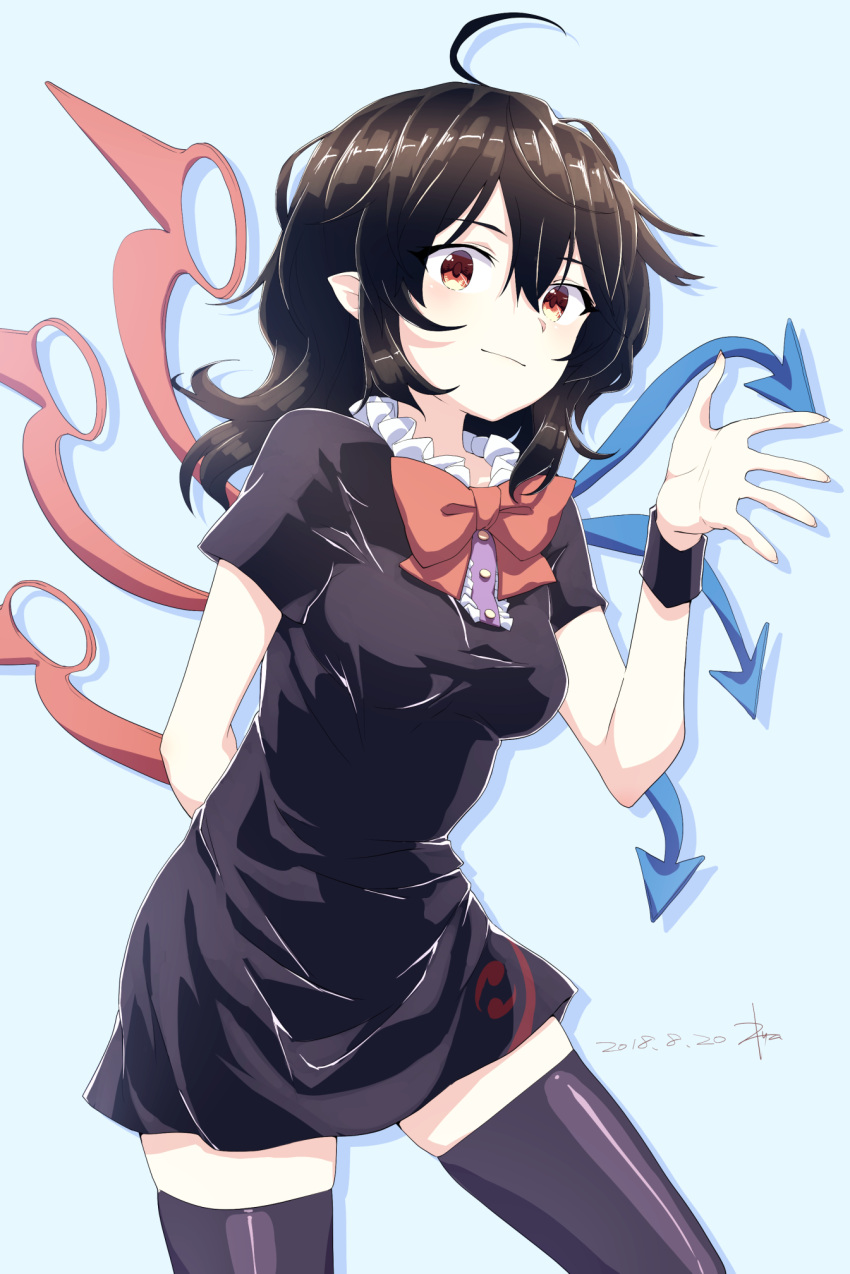 1girl, ahoge, arm_behind_back, asymmetrical_wings, bangs, black_dress, black_hair, black_legwear