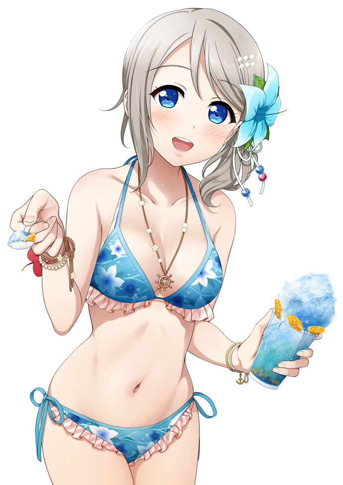 1girl, :d, alternate_hairstyle, bikini, blue_bikini, blue_eyes, blue_flower, blush, bracelet, breasts, cleavage, commentary_request, cowboy_shot, cup, eyebrows_visible_through_hair, feeding, floral_print, flower, food, frilled_bikini, frills, fruit, grey_hair, hair_flower, hair_ornament, hairpin, halterneck, holding, holding_cup, holding_spoon, jewelry, looking_at_viewer, love_live!, love_live!_sunshine!!, medium_breasts, medium_hair, navel, necklace, open_mouth, orange, orange_slice, pov_feeding, print_bikini, round_teeth, shaved_ice, ship's_wheel, side-tie_bikini, side_ponytail, simple_background, smile, solo, spoon, suzume_miku, swimsuit, teeth, upper_teeth, watanabe_you, white_background